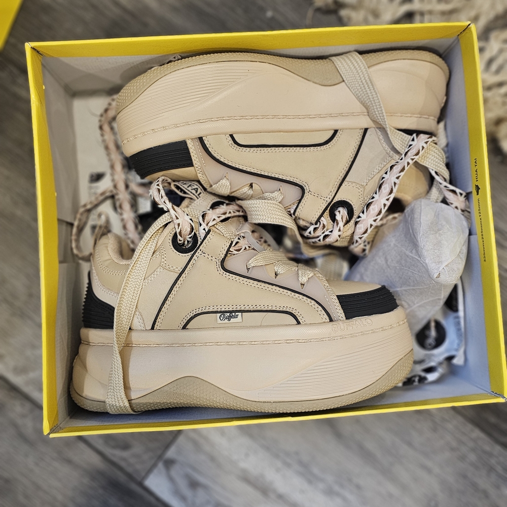 Beige and Black Buffalo London Platform Sneakers